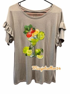 Weekend Soul Gray Margarita Graphic Tee Ruffle Sleeve Top Women’s Size Large